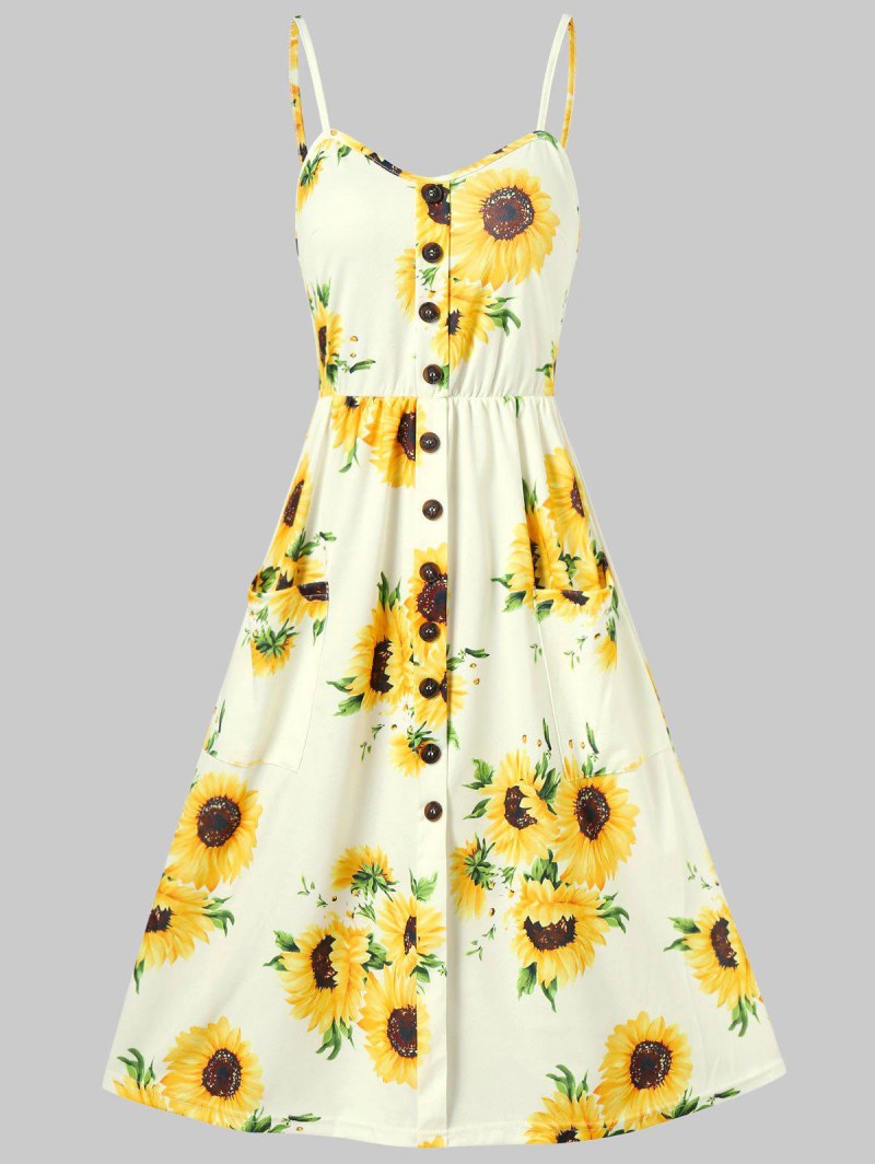 Sunflower Print Button Up A Line Cami Dress