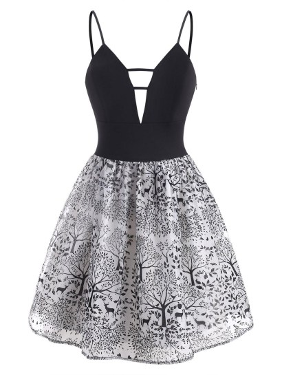 Tree Print Ladder Cut Empire Waist Dress