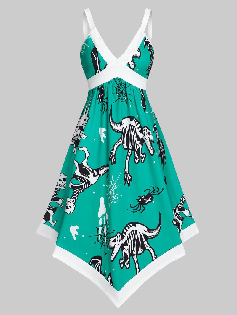 V Neck Dinosaur Print High Waist Dress