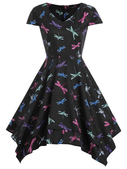 V Neck Printed  Asymmetrical A Line Dress