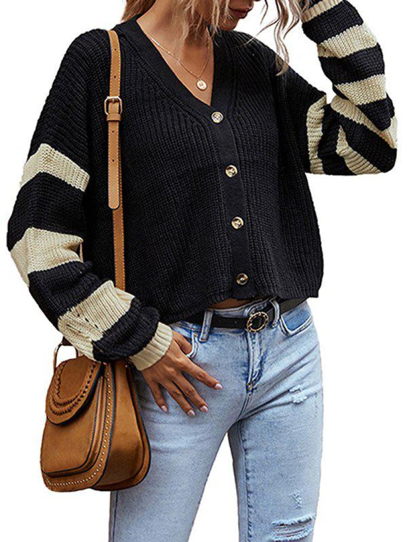 V Neck Striped Sleeve Button Up Cardigan