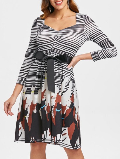 Vintage Striped Cat Print Skater Dress